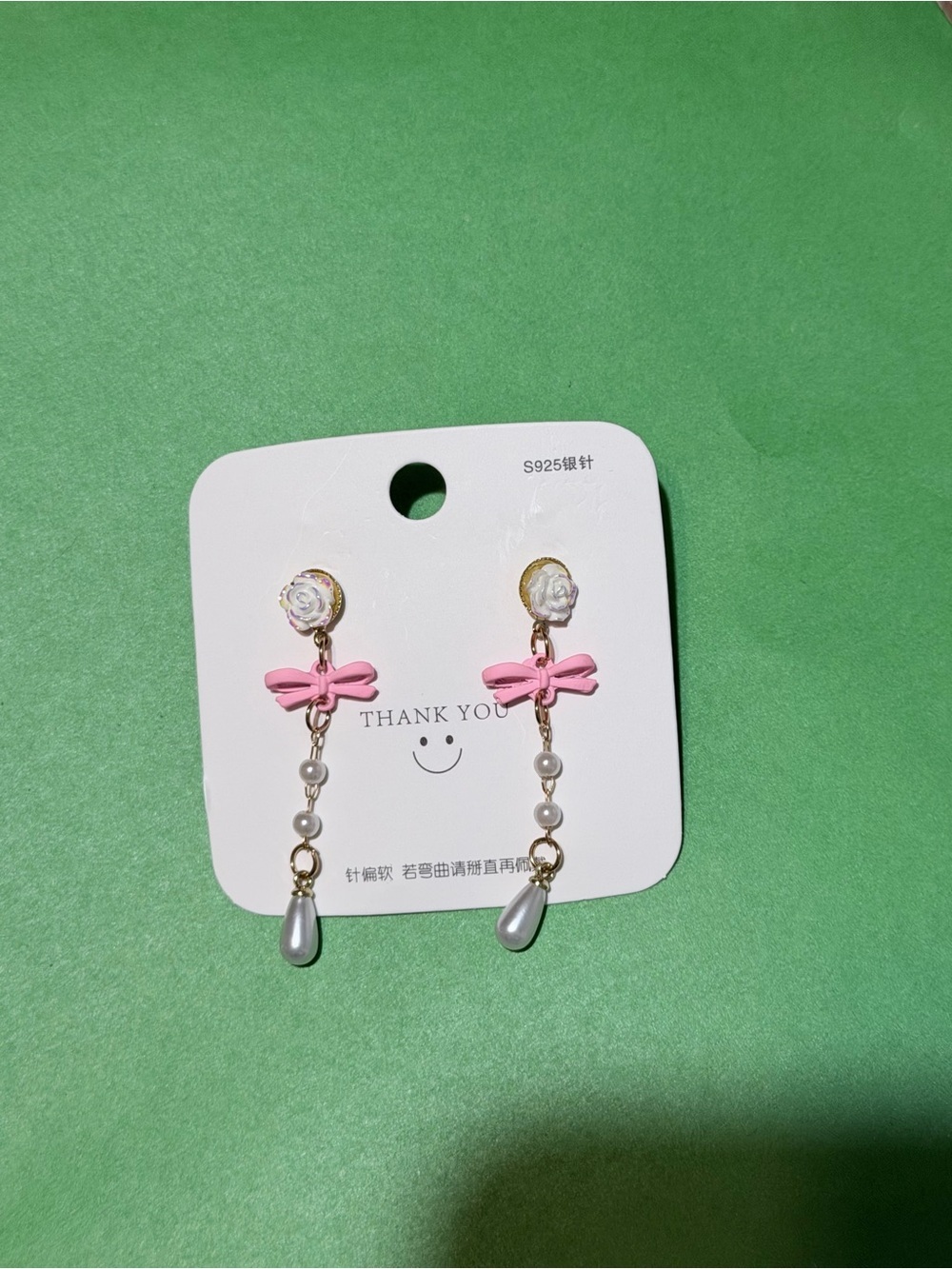 Pink Bow & Pearl Rose Drop Dangle Earrings - Picture 5 of 5